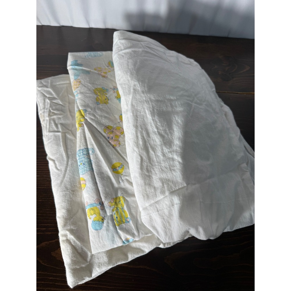 Vintage Nursery Crib Sheet Set 3 pc Pastel Animals Balloons Bears Bunnies White